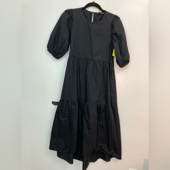 Zara women’s Elegant poplin tiered midi Black Puff Sleeve Dress small - Picture 7 of 8